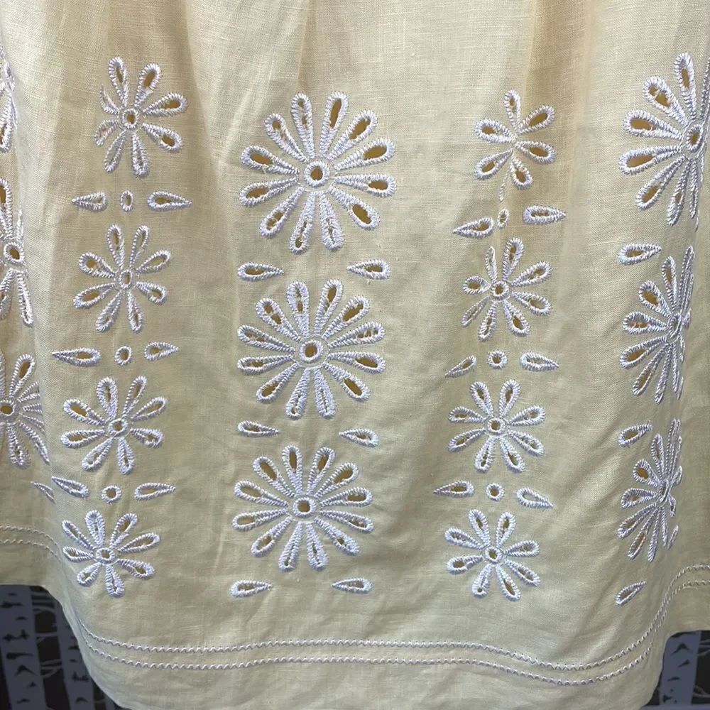 Peck & Peck Petite yellow 100% linen embroidered drop waist A-Line Midi skirt - Picture 2 of 14